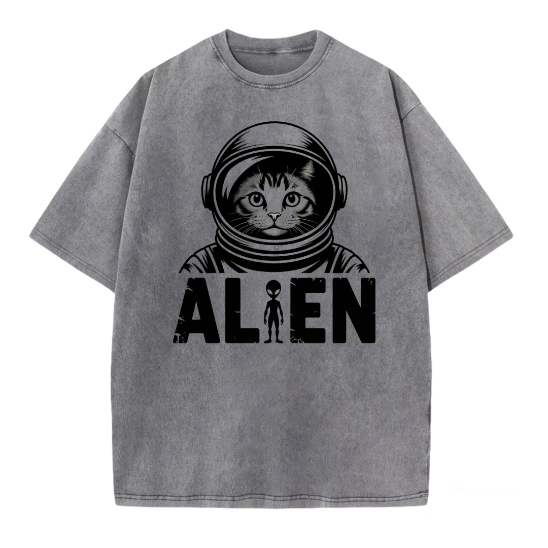 Vintage Space Cat Graphic Washed T-Shirt