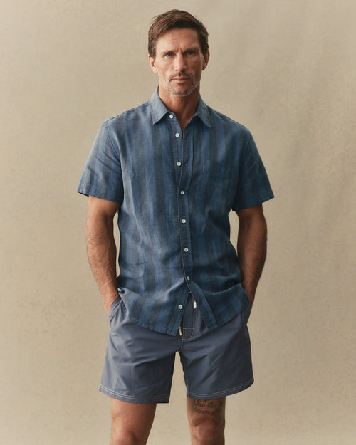 The Short Sleeve California in Blue Stone Stripe Hemp